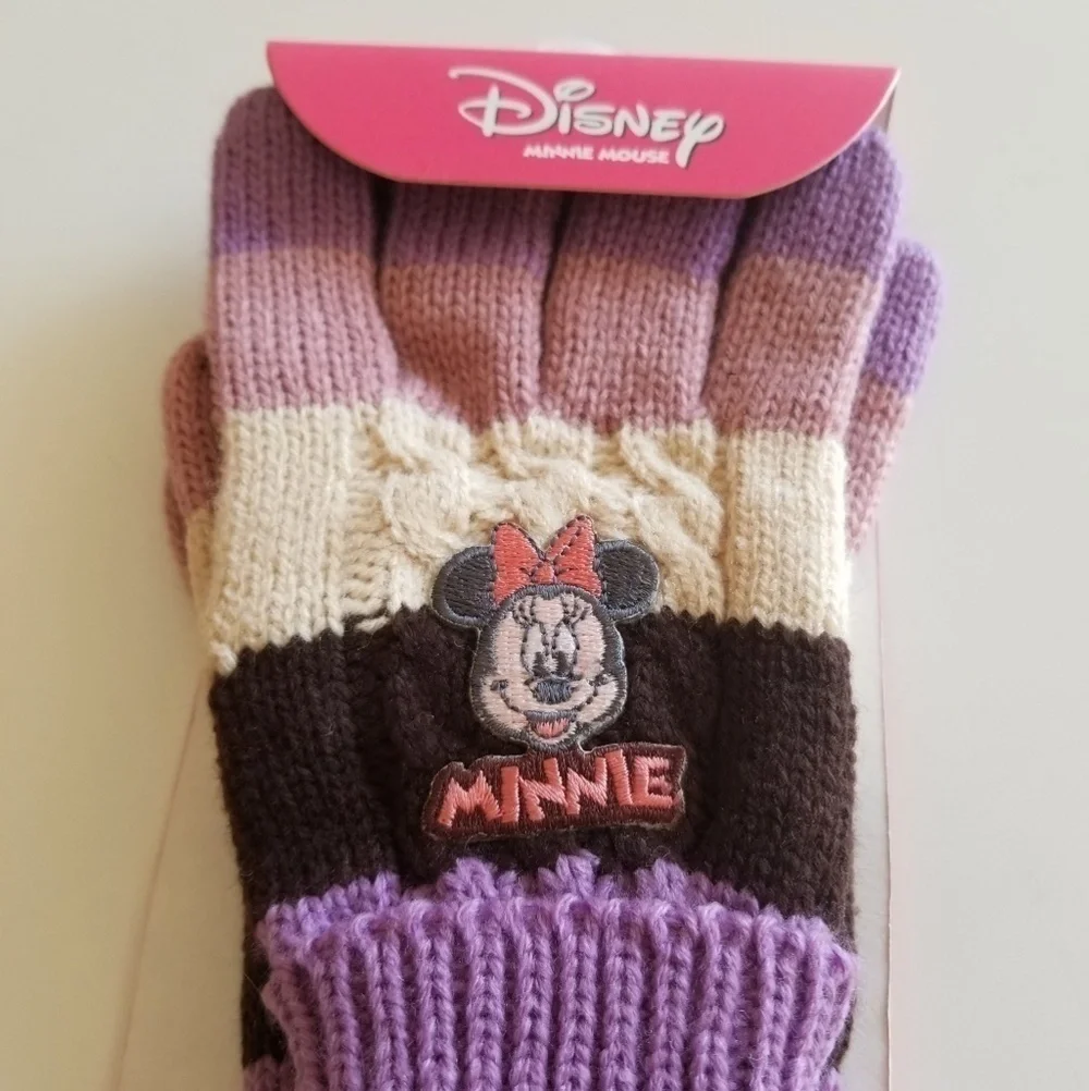 NEW with Tag Disney Minnie Mouse Winter Knit Striped Color Block Purple Gloves